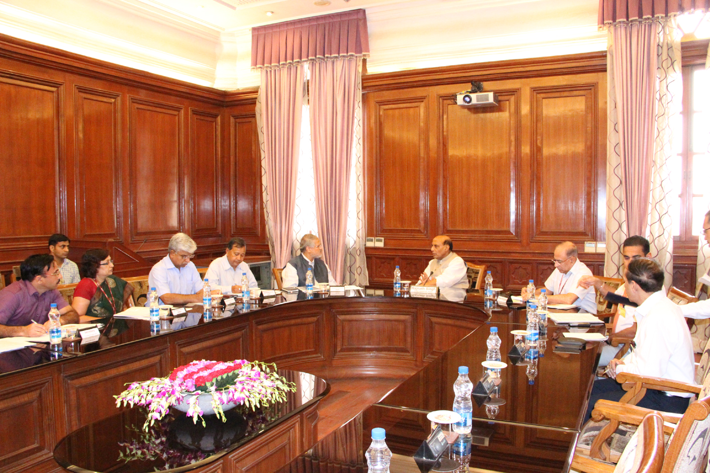 The Union Home Minister Shri Rajnath chaired a meeting with the Lieutenant Governor Shri Najeeb Jung and the Ministry of Home Affairs to discuss price rise of essential commodities at North Block  on 3 July 2014