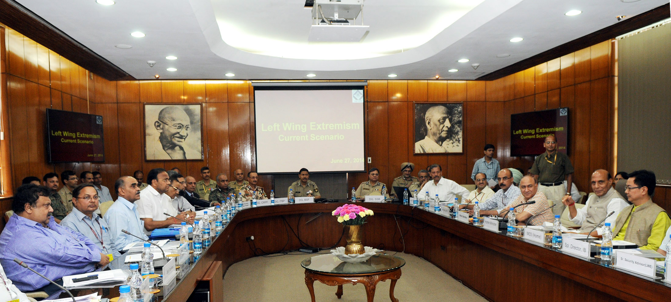 The Union Home Minister Shri Rajnath Singh chairing the meeting of the Chief secretaries and DsGP of LWE affected States at North Block (New Delhi) on 27 June 2014