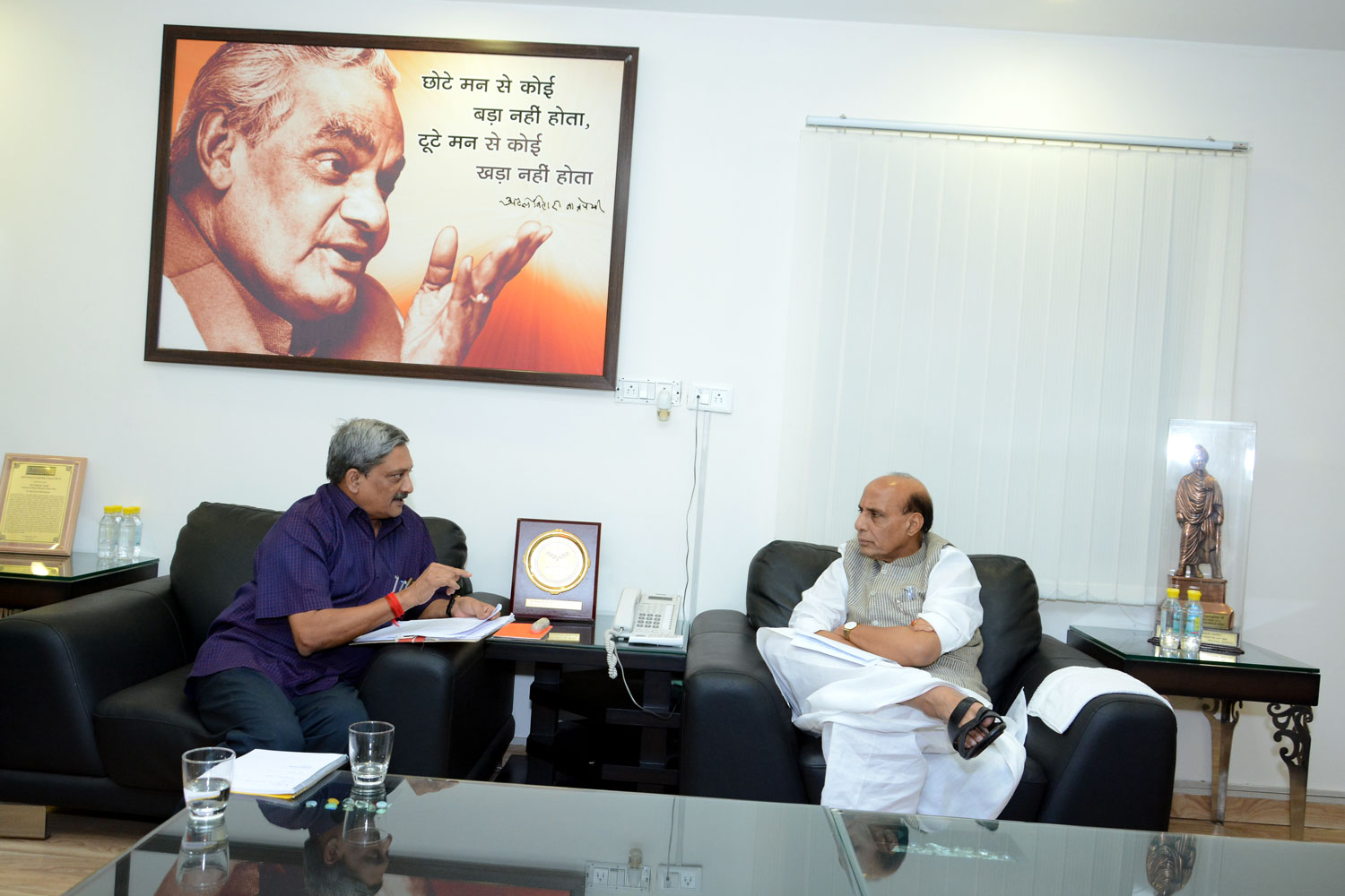 The Union Home Minister Shri Rajnath Singh Meeting with the Chief Minister of Goa Shri Manohar Parrikar at his residence 38 Ashoka Road (New Delhi) on 04 July 2014