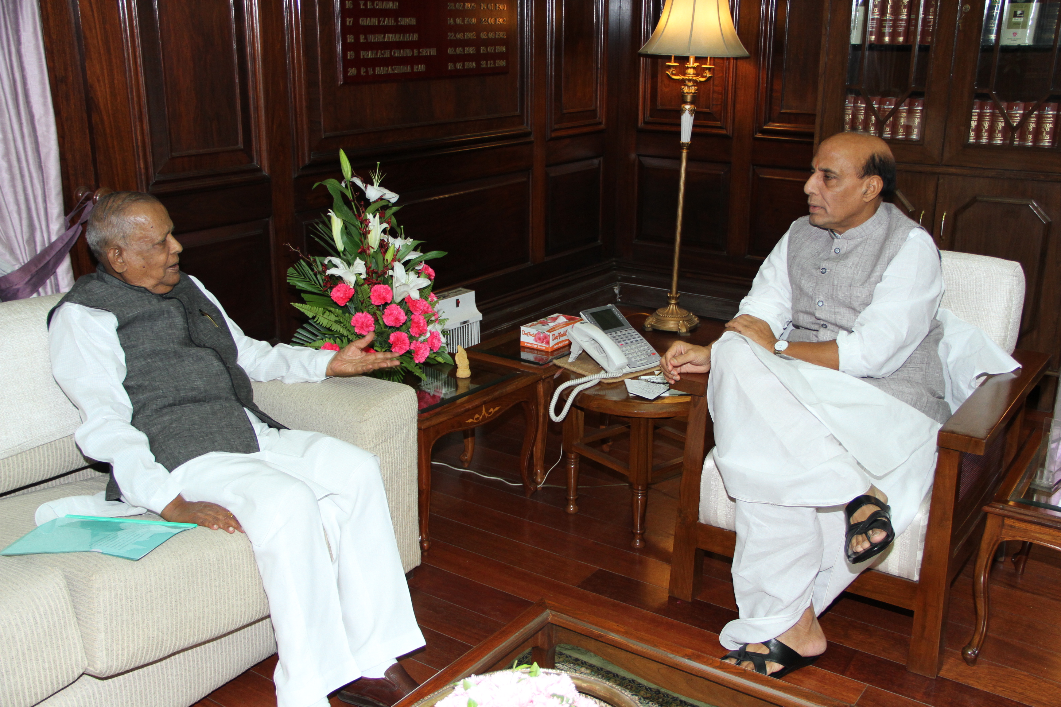 The Union Home Minister Shri Rajnath Singh meeting with the Governor of Assam Shri Janaki Ballabh Patnaik at North Block (New Delhi) on 19 June 2014