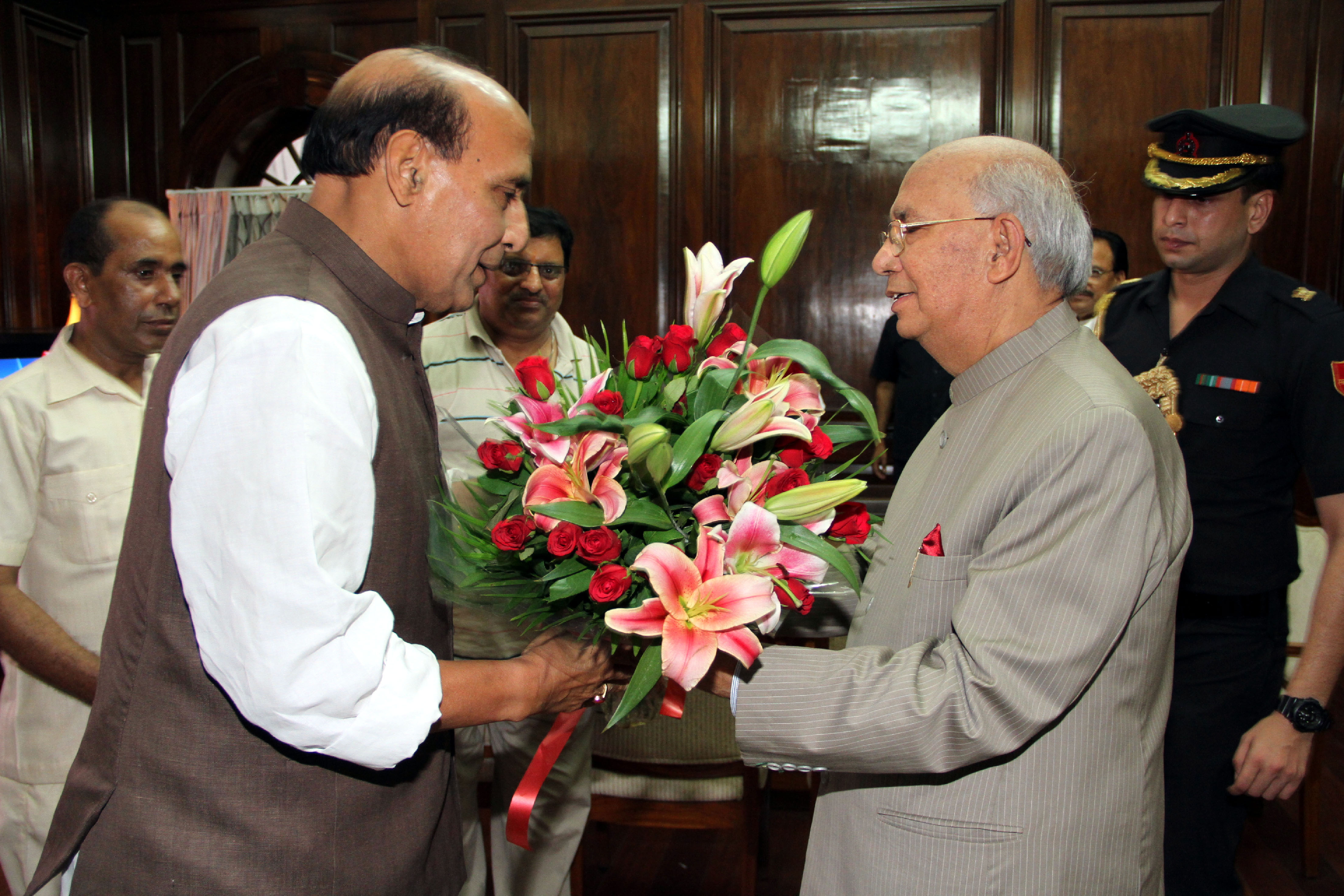 The Union Home Minister Shri Rajnath Singh meeting with the Governor of Karnataka Dr. Hans Raj Bhardwaj at North Block (New Delhi) on 18 June 2014