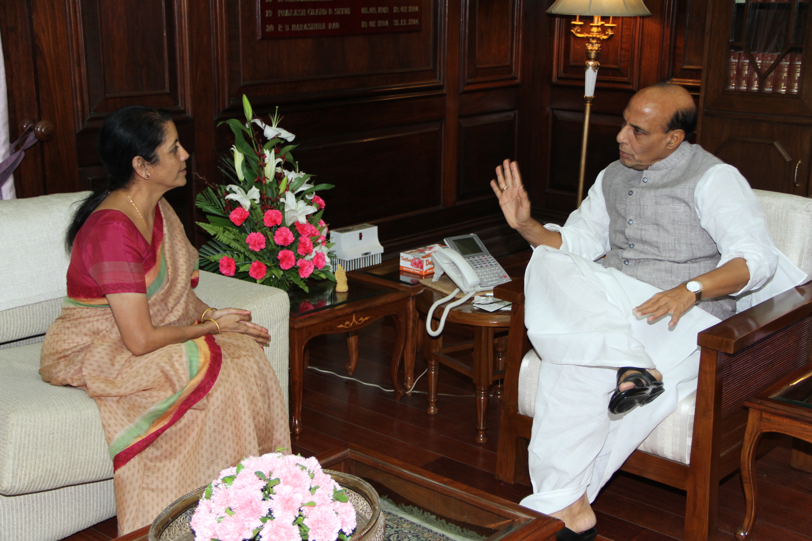 The Union Home Minister Shri Rajnath Singh meeting with the Minister of State for Finance Ms. Nirmala Sitharaman at North Block (New Delhi) on 19 June 2014