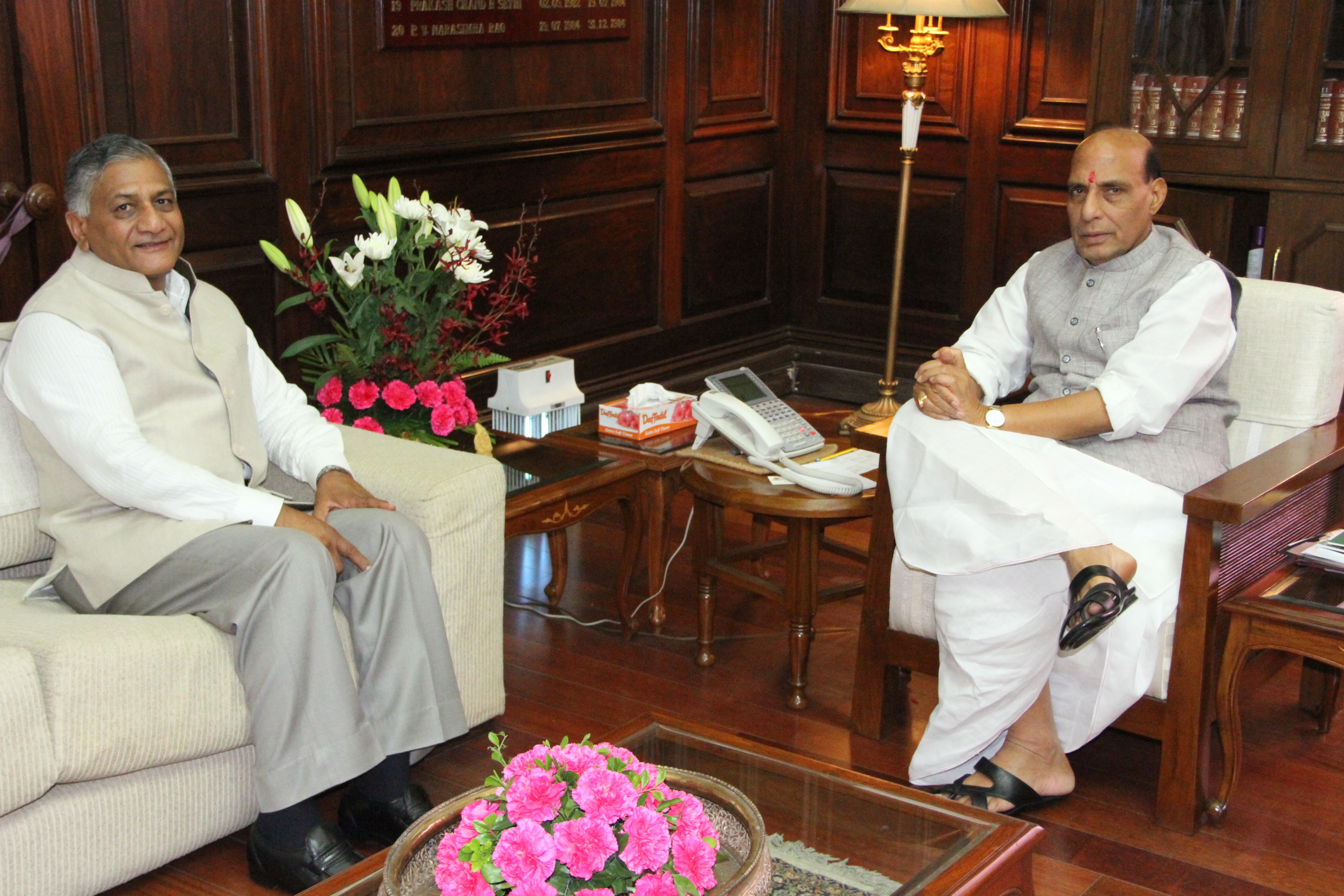 The Union Home Minister Shri Rajnath Singh meeting with the MoS for Development of North Eastern Region (Indep.Charge) and External Affairs General (Retd.) V.K. Singh at North Block (New Delhi) on July 1, 2014