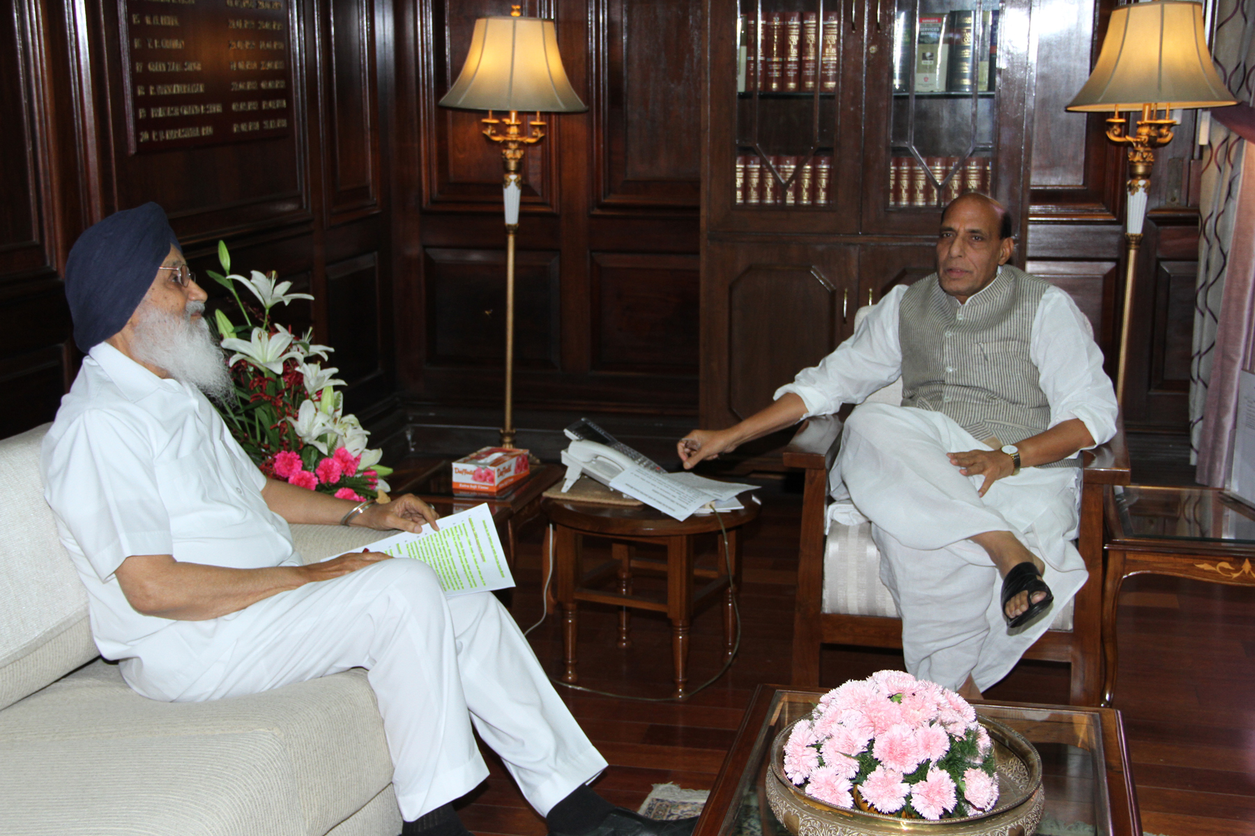 Union Home Minister Shri Rajnath Singh meeting with the Chief Minister of Punjab Shri Prakash Singh Badal at North Block (New Delhi) on 13 June 2014