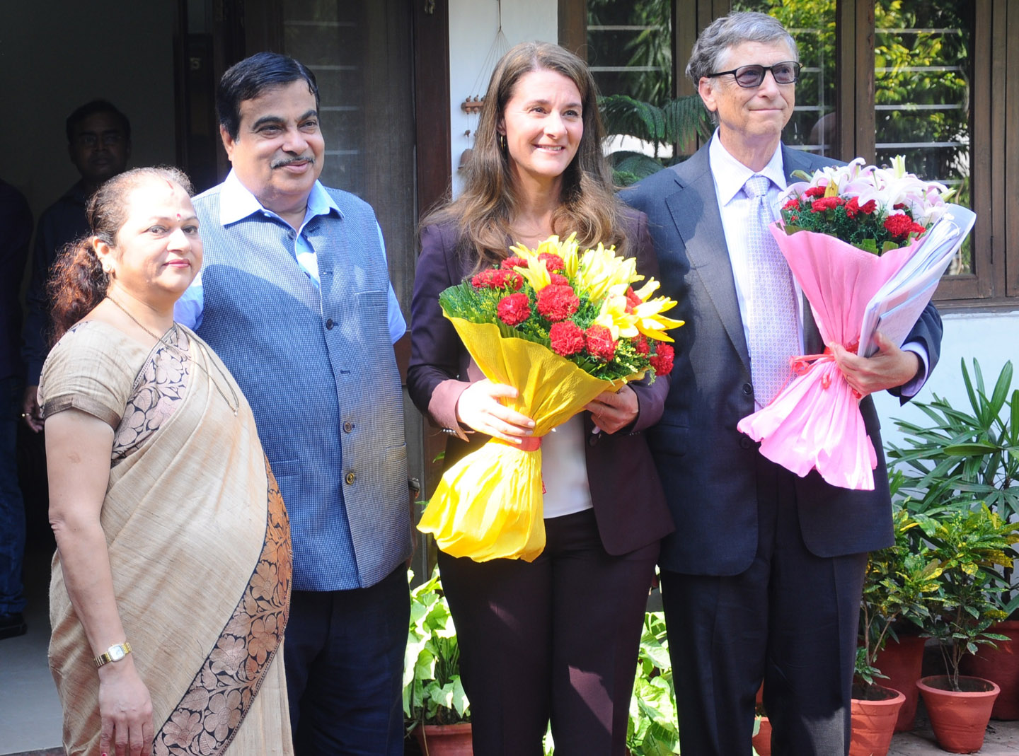 Union Minister of Road Transport & Highways, Shri Nitin Gadkari and his wife, Mrs Kanchan Gadkari welcoming Microsoft's founder Mrs. Melinda & Mr. Bill Gates at their residence 13, Teen Murti Lane, New Delhi on September 19, 2014